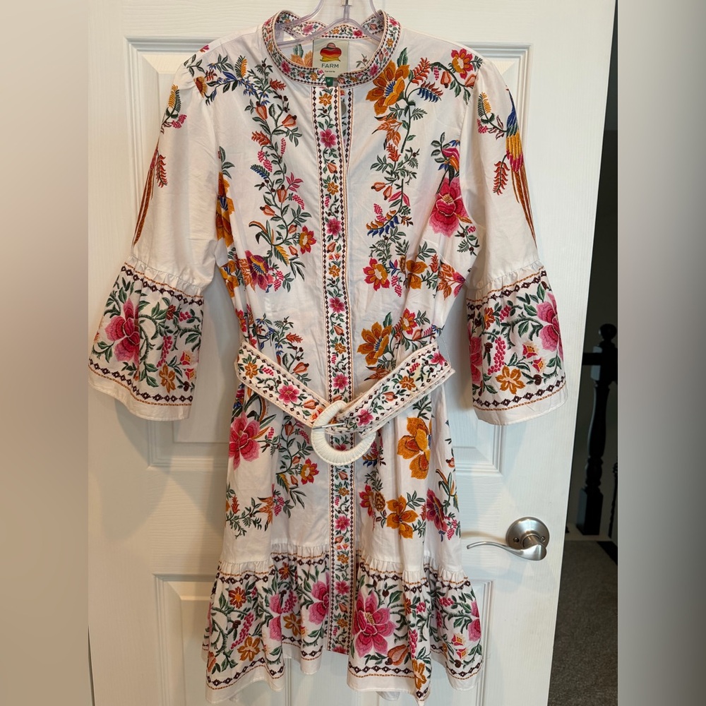 FARM Rio White Floral Embroidered Mini Dress with Pink & Orange Accents - Picture 4 of 7